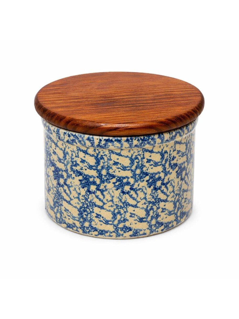 Pottery Crock Low 2 Quart Robinson Ransbottom Blue Spongeware Wood Lid Vintage H